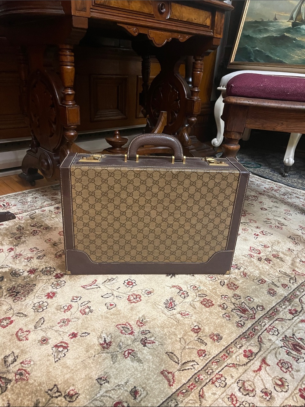 Gucci Brown Monogram Leather Trim Briefcase